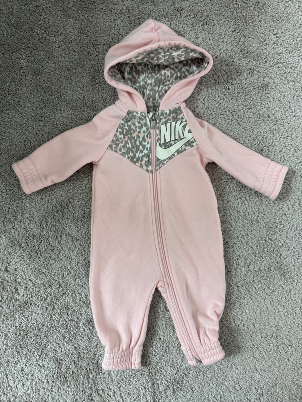 Nike Baby Pink Hooded One-Piece with Leopard Print Accent